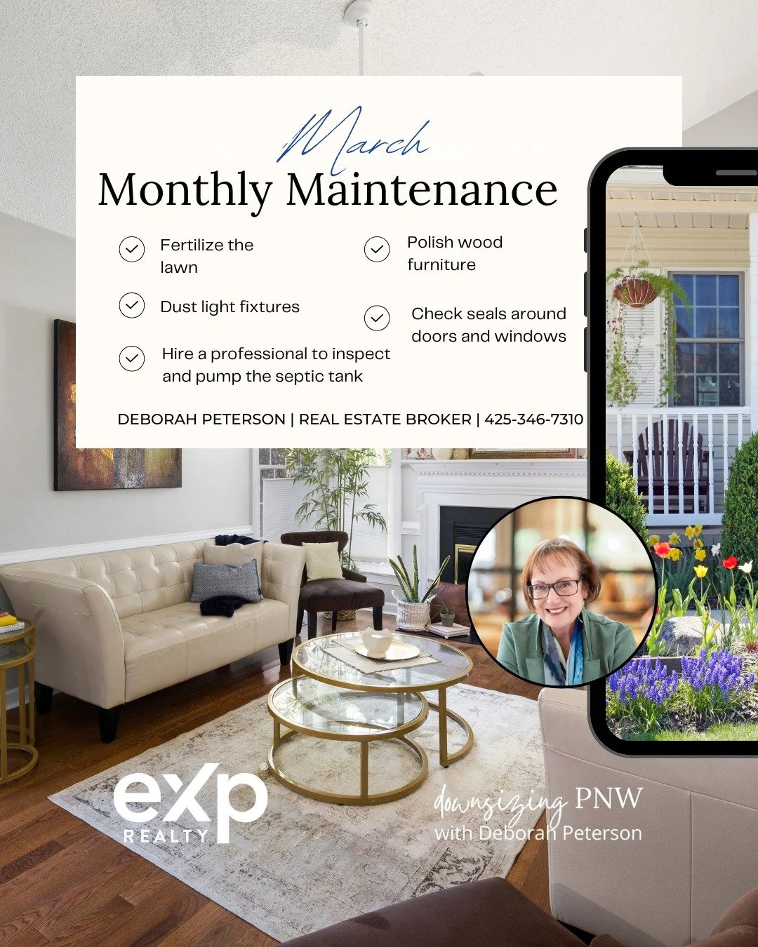 March Monthly Maintenance Tips!

✅ Fertilize the lawn
✅ Dust light fixtures
✅ Hire a professional to inspect and pump the septic tank
✅ Polish wood furniture
✅ Check seals around doors and windows
 
#DeborahPeterson #DownsizingPNW #eXpRealty #Bothell