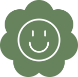 A green smiling flower with a simple happy face in the center.