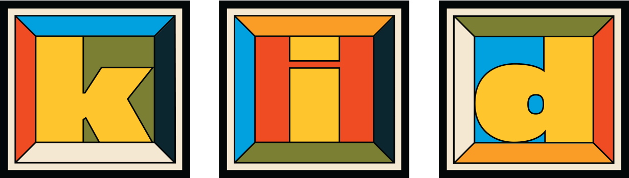 "kid" spelled in block letters with colorful geometric patterns