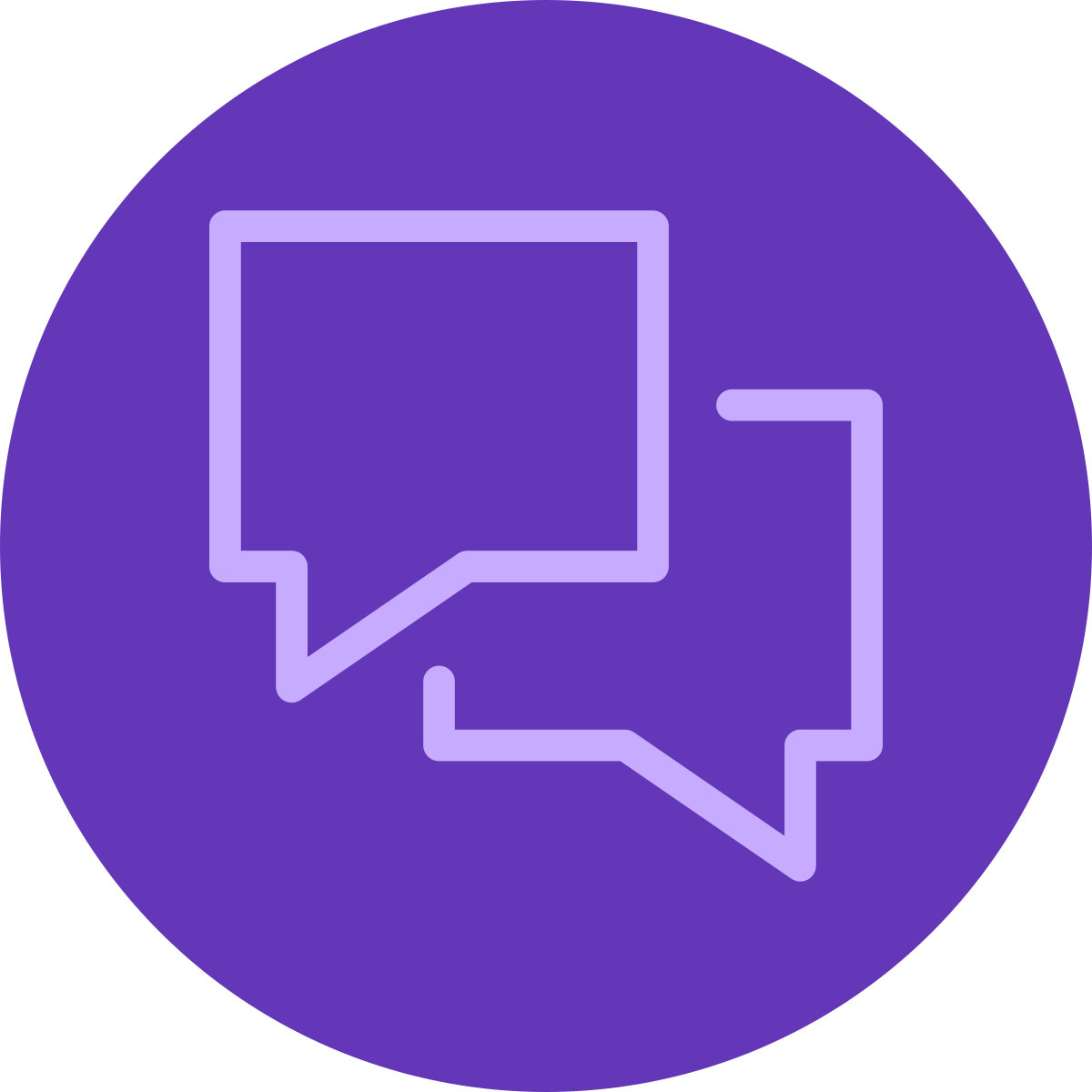 Two overlapping speech bubbles in a purple circle, symbolizing chat or communication.