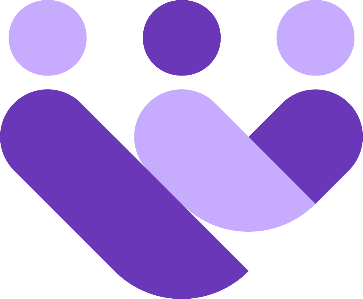 A stylized, abstract logo composed of three circles and three rounded rectangles in shades of purple.
