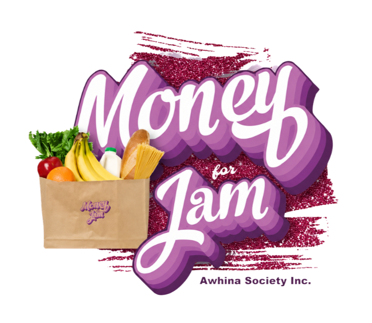 A grocery bag filled with vegetables and fruits next to a logo that reads 'Money for Jam' in purple and white stylized text with a pink glitter background.