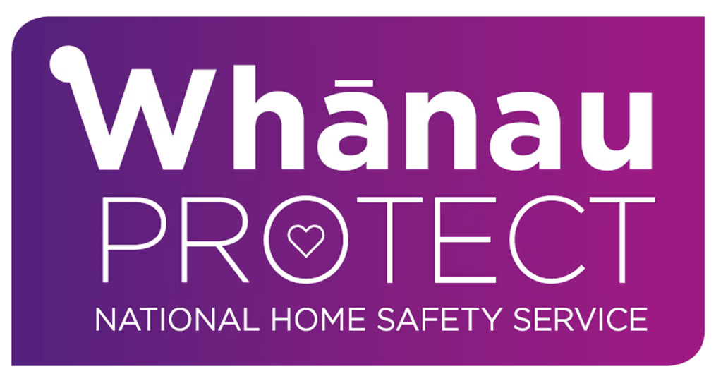 Logo for Whānau Protect, a program of the National Home Safety Service, with purple background and white text including a heart inside the letter O