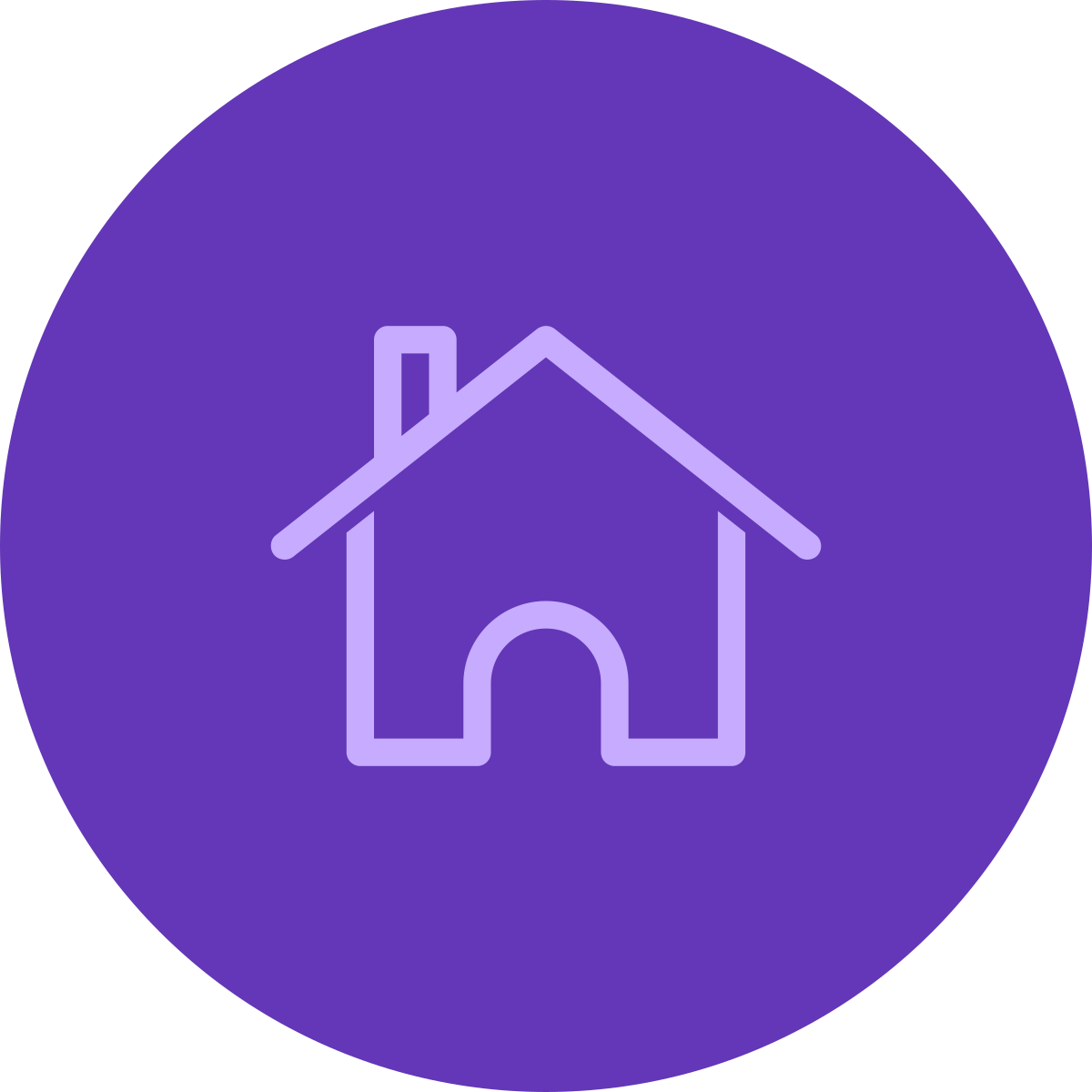 White outline of a house icon on a purple circular background.