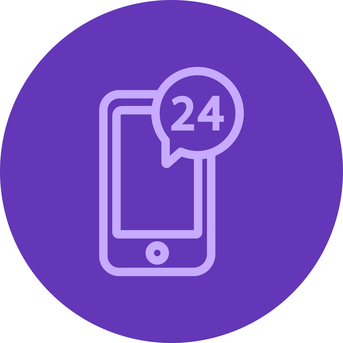 Icon of a smartphone with a speech bubble showing '24', indicating 24-hour customer support or availability.