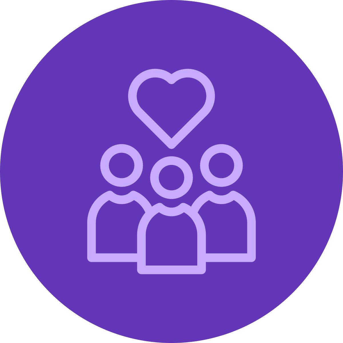 Icon of three people with a heart above them, symbolizing community, care, or support, on a purple circular background.