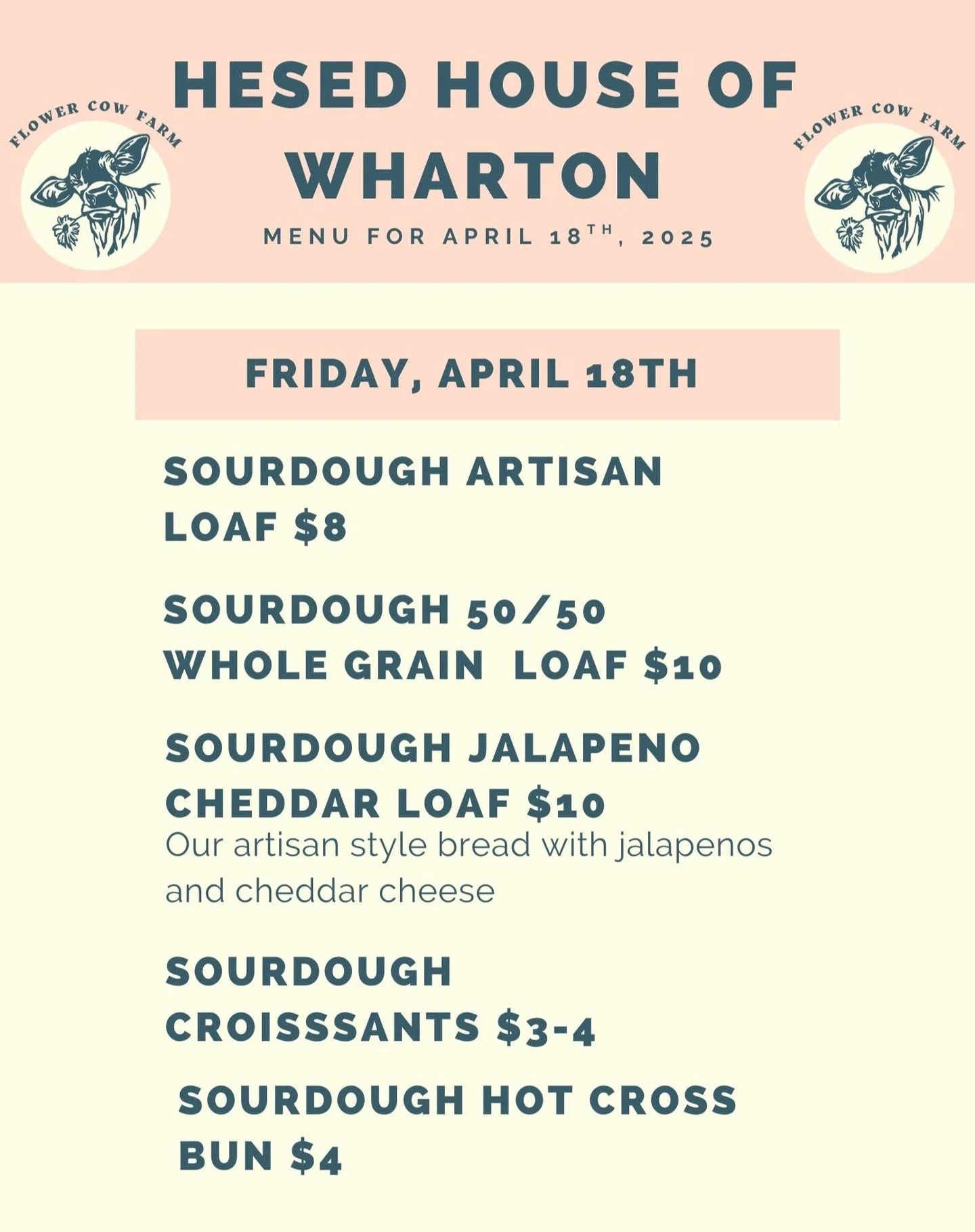 Hey everyone! We're super excited to let you know that we'll have some delicious bread ready for you this week at Hesed House of Wharton on Friday, April 18th! If you have any questions or want to place an order, just give me a shout.

Farmer's Marke