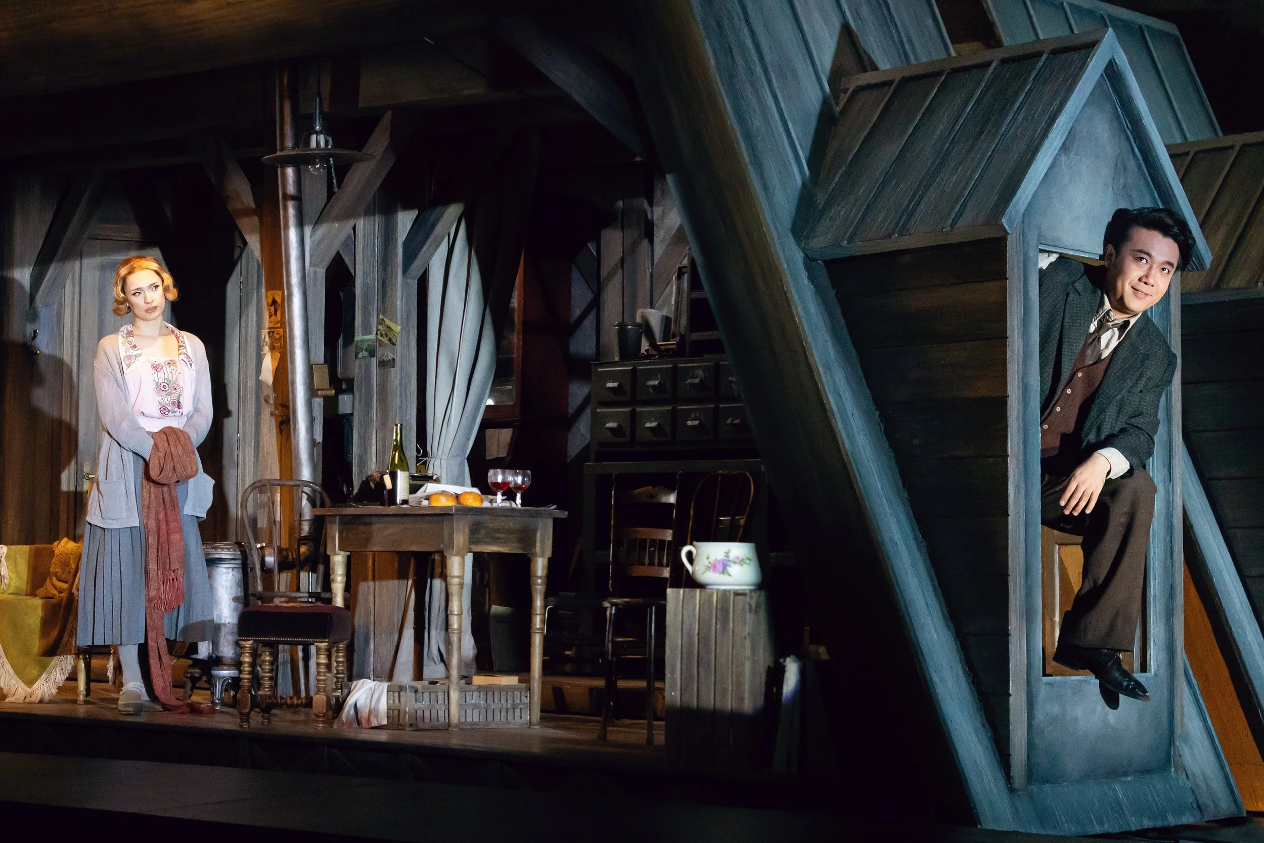 La Boheme - Garret Units. (Application of texture on the face of the roof along with wood grain texture. Painting of the face of roof and inside of garret.)