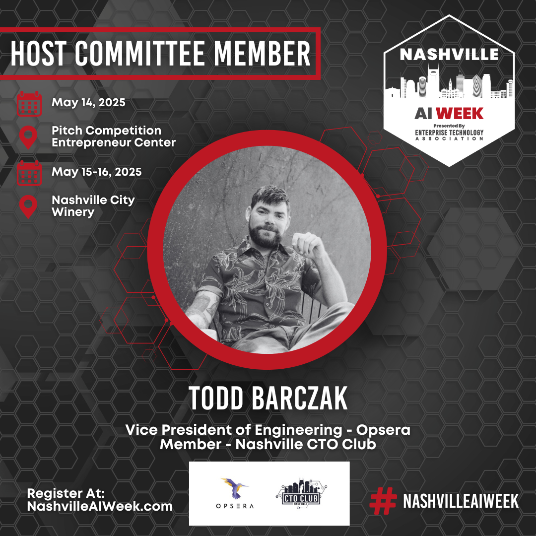 Nashville AI Week event announcement featuring a host committee member with event details for May 14-16, 2025, at the Pitch Competition and Nashville City Winery, including the person's title and logos of Opsera and Nashville CTO Club.