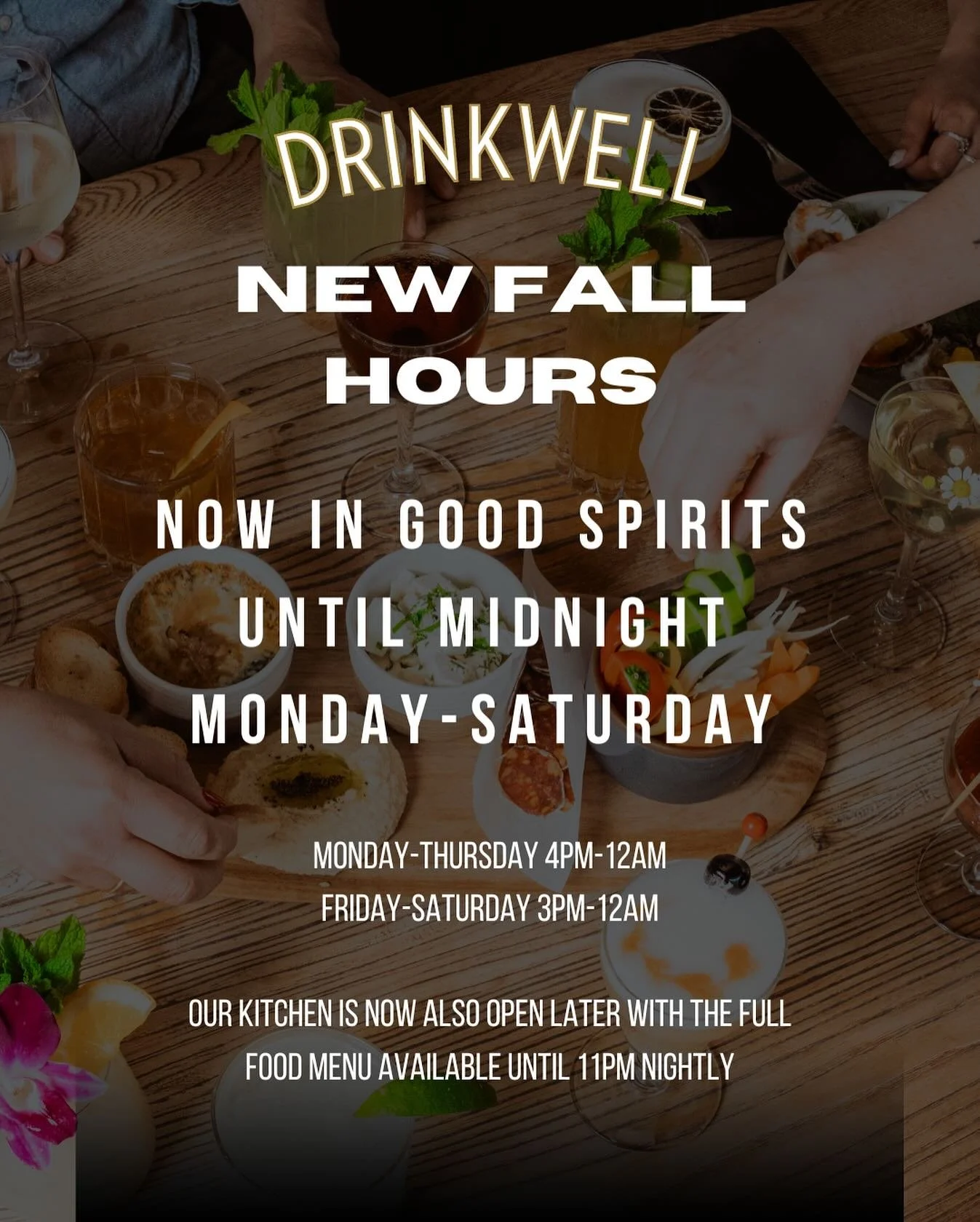 We get it. You want to hang out just a bit longer. We want to hang with you, too. 🥰

Starting Monday 9/15, we&rsquo;re extending our weekday hours and will now be open until MIDNIGHT every night of service.  Craving a snack or burger with that cockt