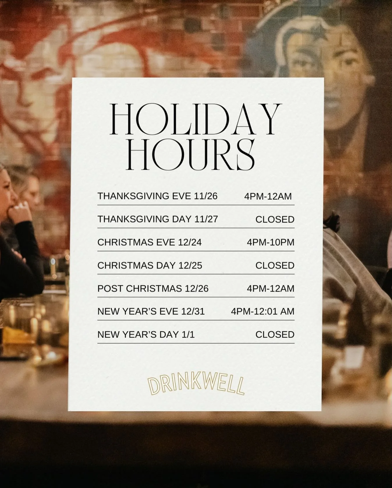 Holy hell, are we here again already?!
Time marches on and this holiday season, we hope you march right on  in to see us. 🍸

(We&rsquo;ve got a few private events sprinkled across the calendar that we&rsquo;ll keep you posted about.)
.
.
.
.
#DrinkW