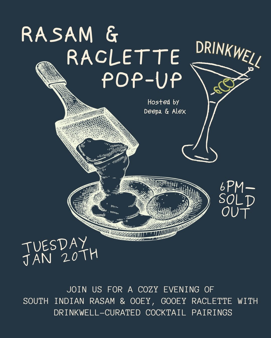 We&rsquo;ve got a hot &amp; spicy one for you, friends. 🔥Join us TUESDAY JAN 20TH for a very awesome, very unique Rasam &amp; Raclette pairing hosted by our crazy-talented culinary friends Deepa (@deepa.shridhar) and Alex (@fromageforyou).

Rasam is
