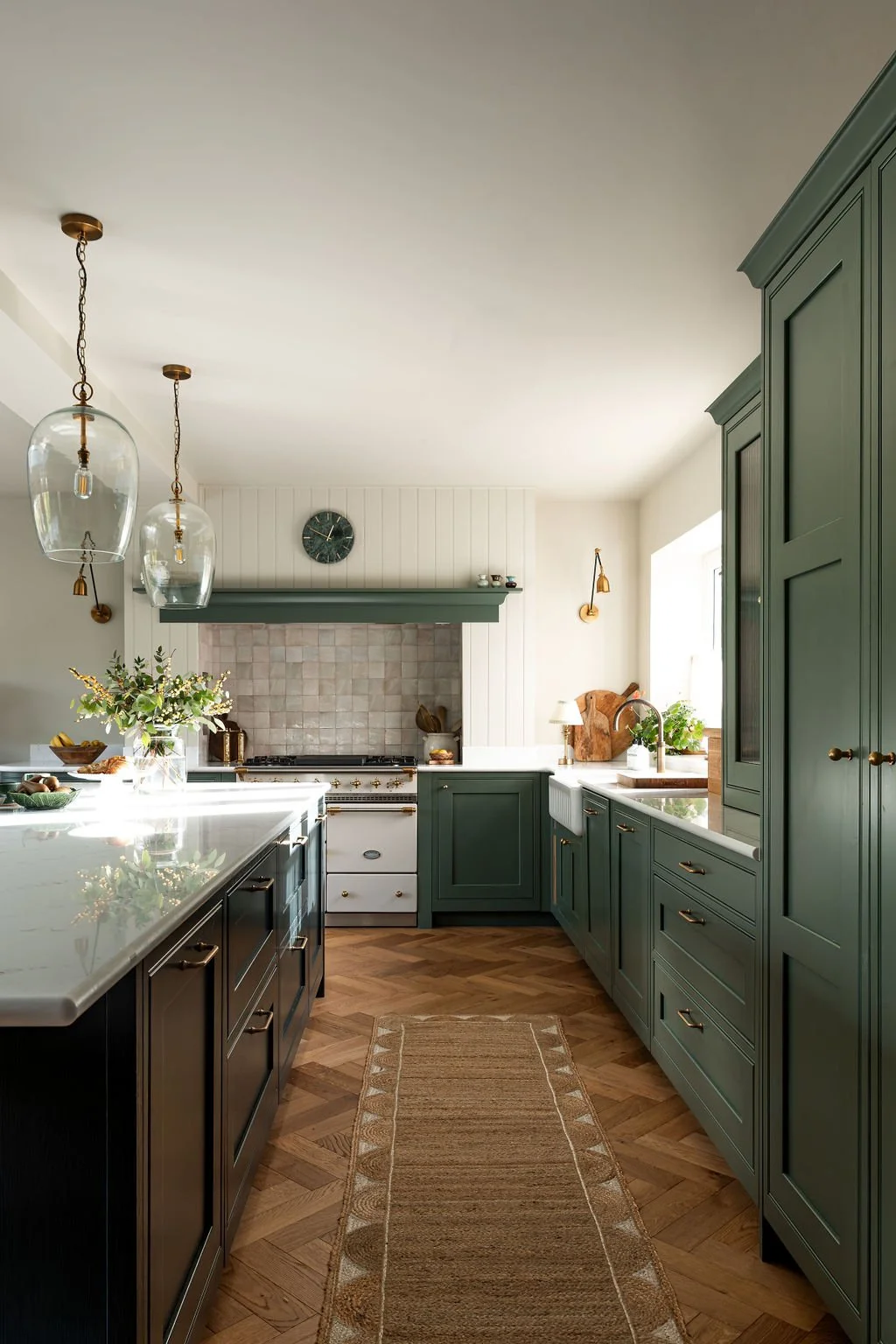 Green kitchen wood floor herringbone kitchen island
