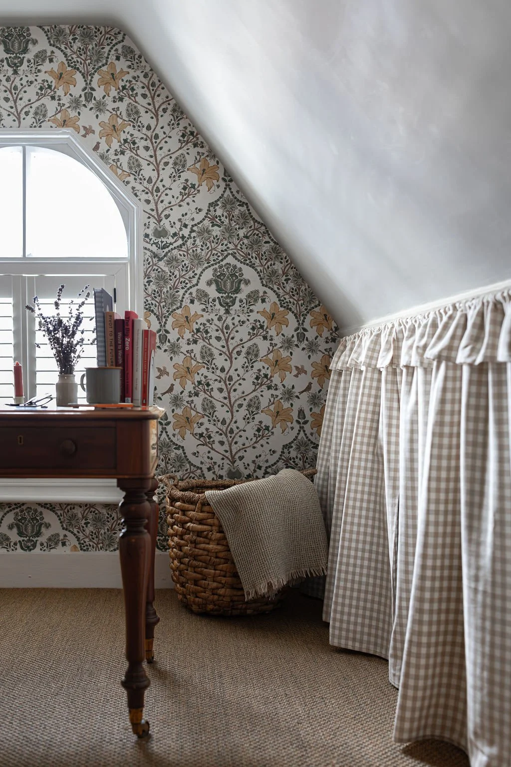 attic study wallpaper curtain storage home office