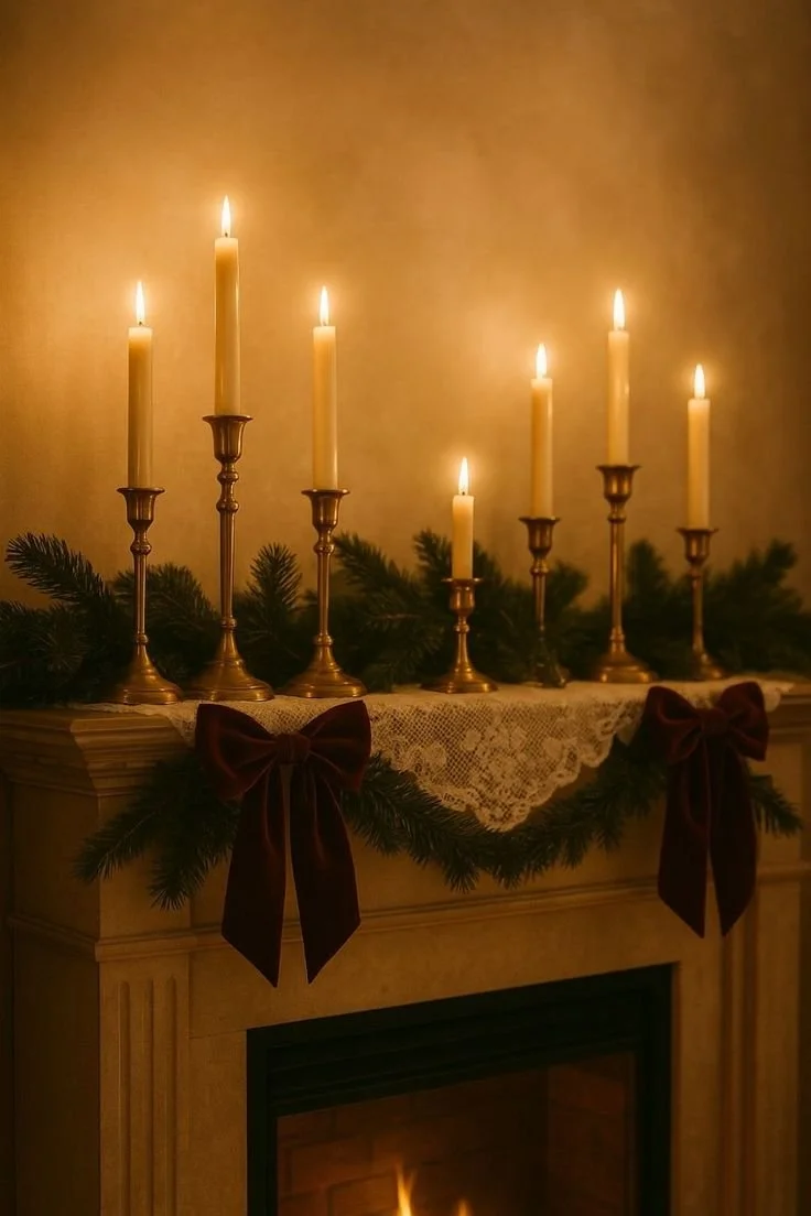 Dressing fireplace for christmas bows candles