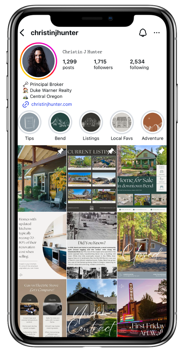 Instagram profile page of Christin J Hunter, a real estate agent in Central Oregon. The profile features a photo of Christin, follower and post stats, and highlights labeled Tips, Bend, Listings, Local Favs, and Adventure. Below are several images of homes, listings, and related real estate content.