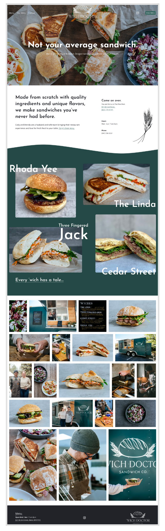 A website menu page for a sandwich shop called 'Wich Doctor'. The page features a large hero image at the top with various sandwiches and salads, and text stating "Not your average sandwich". Below, there are images of different sandwiches named Rhoda Yee, The Linda, Jack (Three Fingered Jack), and Cedar Street, each accompanied by a brief tagline. The layout includes photos of the restaurant interior, food preparation, staff, and additional sandwich images, with a dark green background and white text.