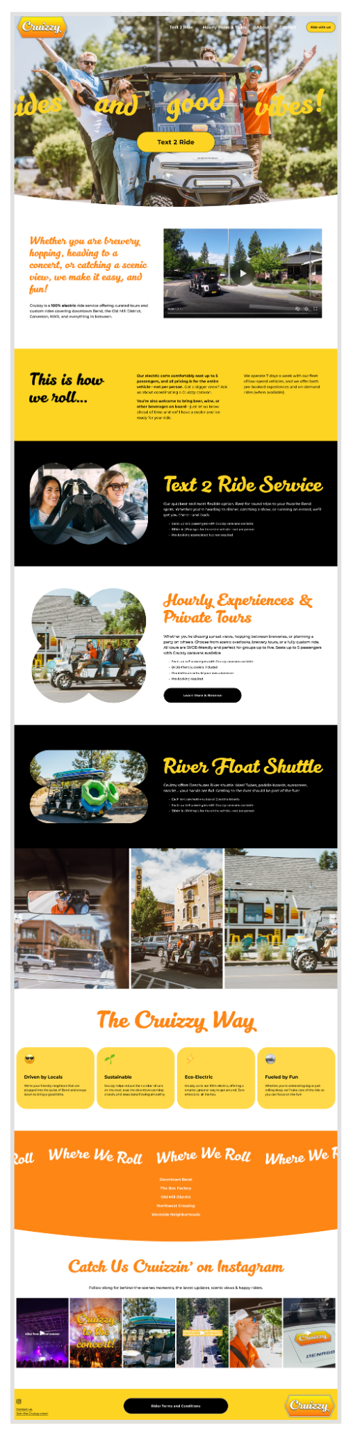 Group of people joyfully riding in a golf cart outdoors in a park or nature setting.