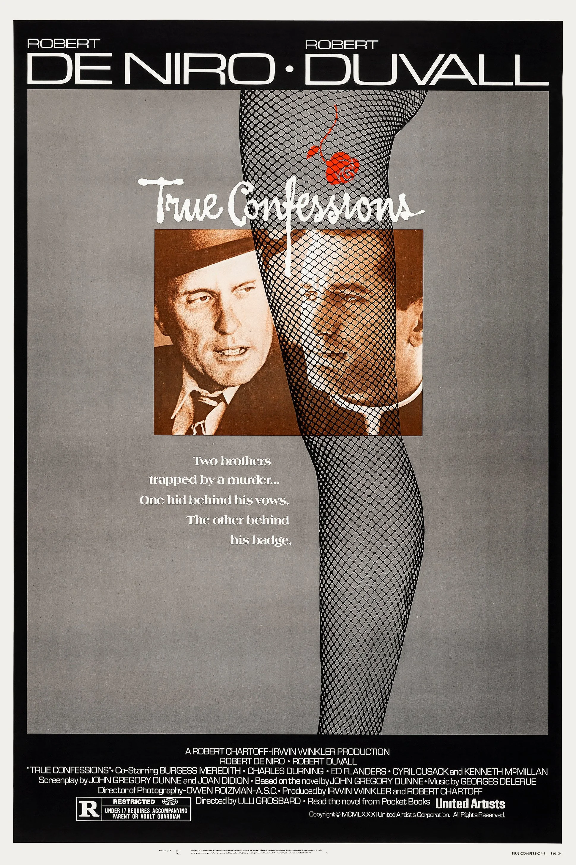 'True Confessions' movie poster based on the novel by John Gregory Dunne starring Robert De Niro and Robert Duvall.