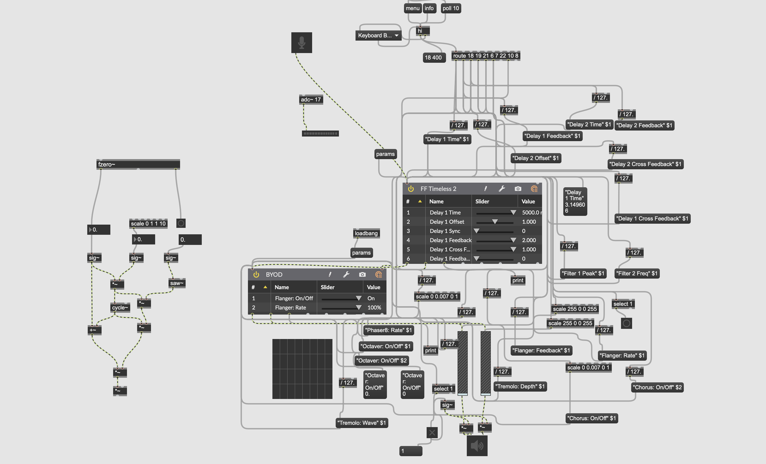A complex digital audio workstation interface with numerous interconnected nodes, sliders, and controls for sound design and music production.