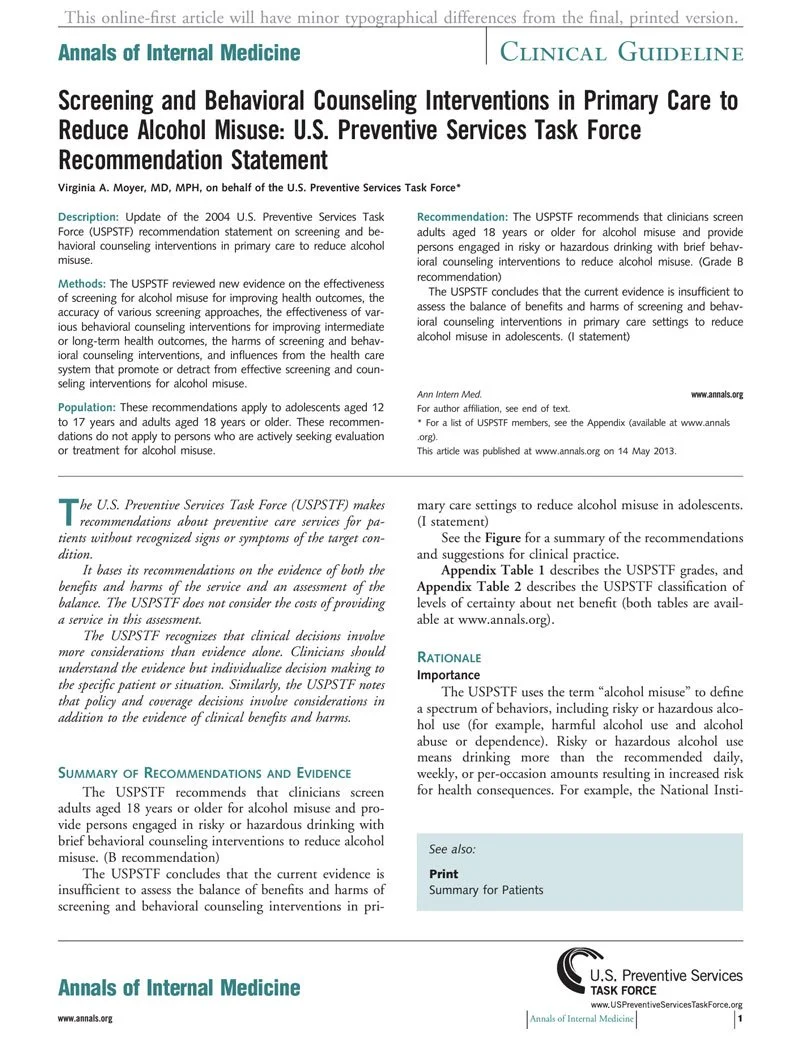 USPSTF Statement to Reduce Alcohol Use in Primary Care