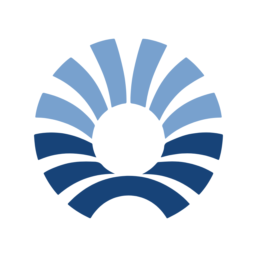 Stylized logo with a circular pattern in shades of blue, resembling a sun or a wave design.