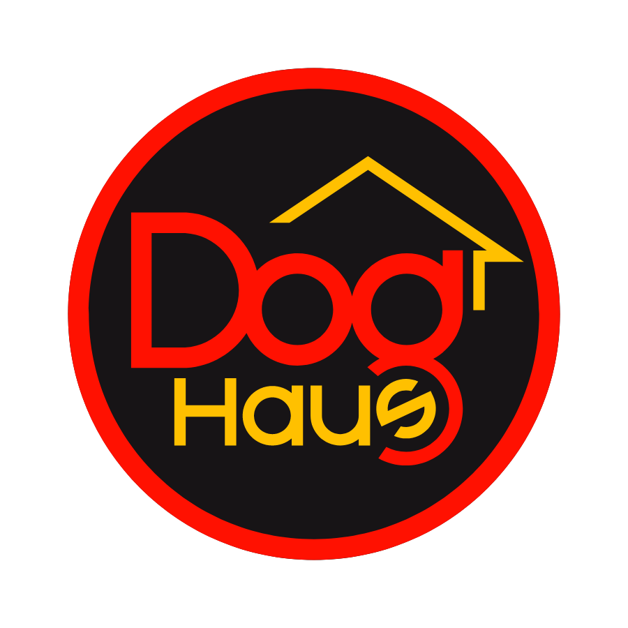 Logo for Dog Haus featuring a black background, red circle border, with the words "Dog" in red and "Haus" in yellow, and a yellow house outline above the "g" in "Dog".