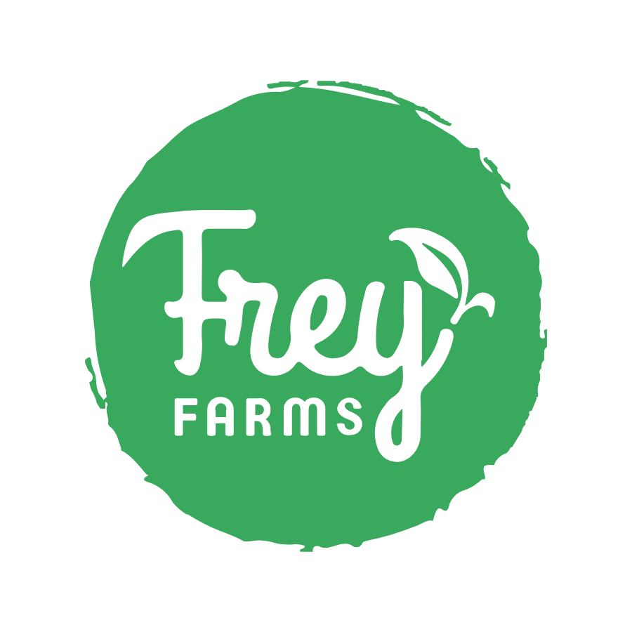 Logo for Frey Farms with the words "Frey Farms" inside a green circle, featuring a small leaf as part of the letter 'y' in 'Frey'.