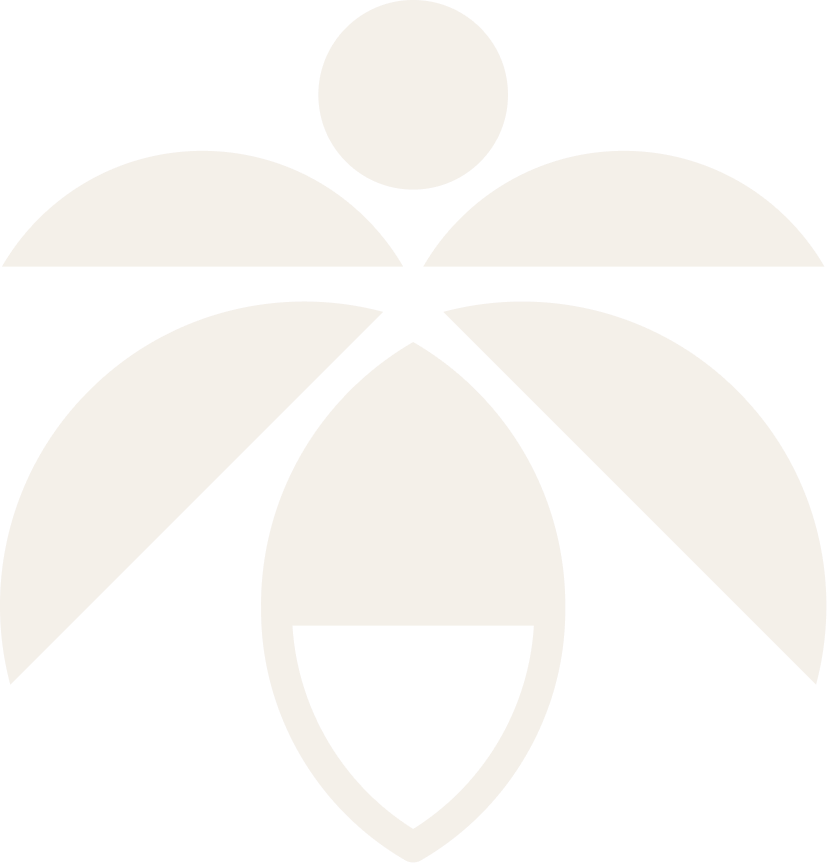 Simplified graphic of a bee, with a round head, two wings, and a body with a stinger.