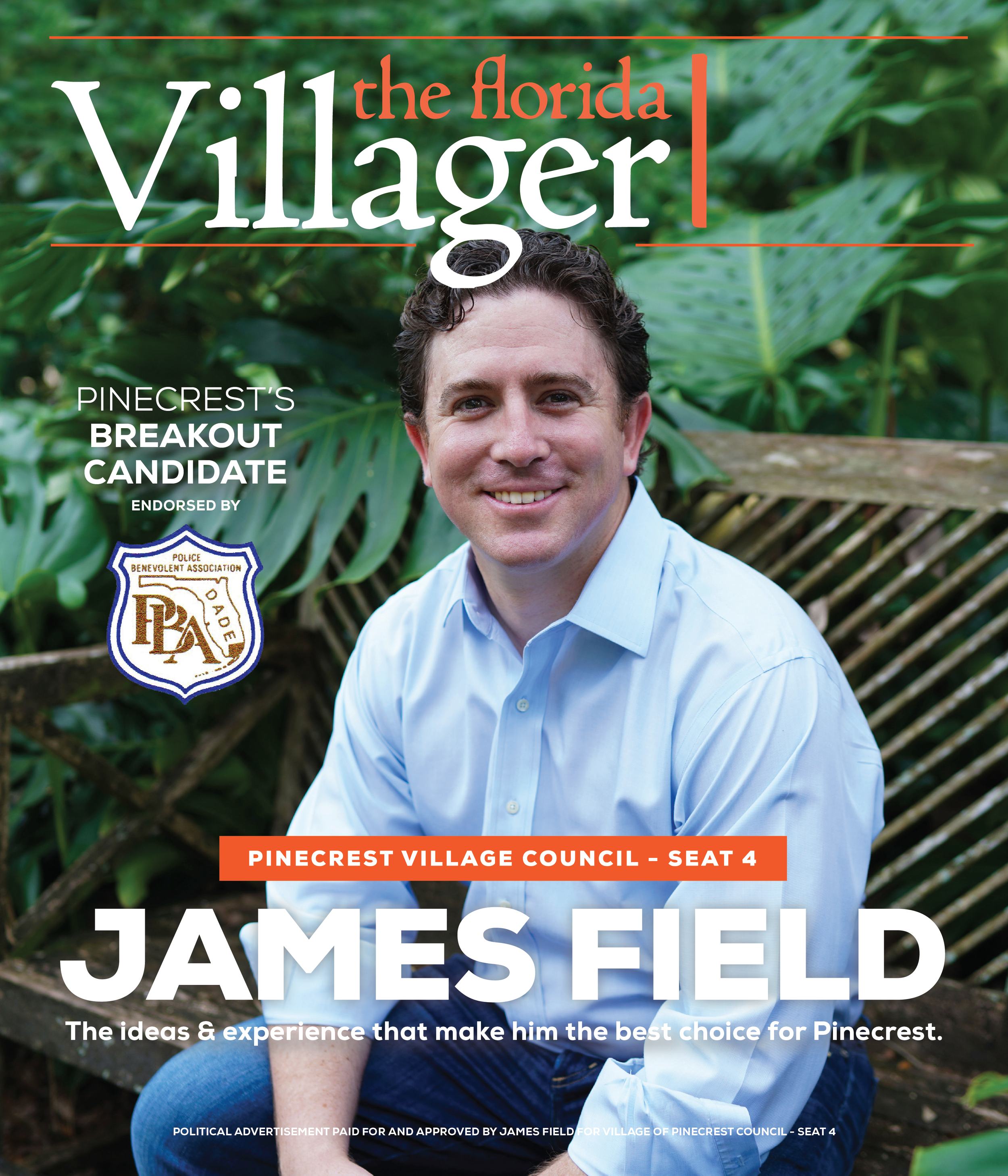Magazine cover featuring a person sitting outdoors, promoting the Pinecrest Village Council candidate for Seat 4, endorsed by the Police Benevolent Association. The title reads 'The Florida Villager.'