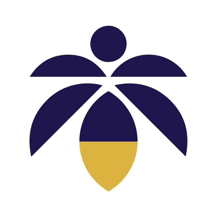 Stylized illustration of a bee with dark blue wings, a yellow and dark blue body, and a circular head.
