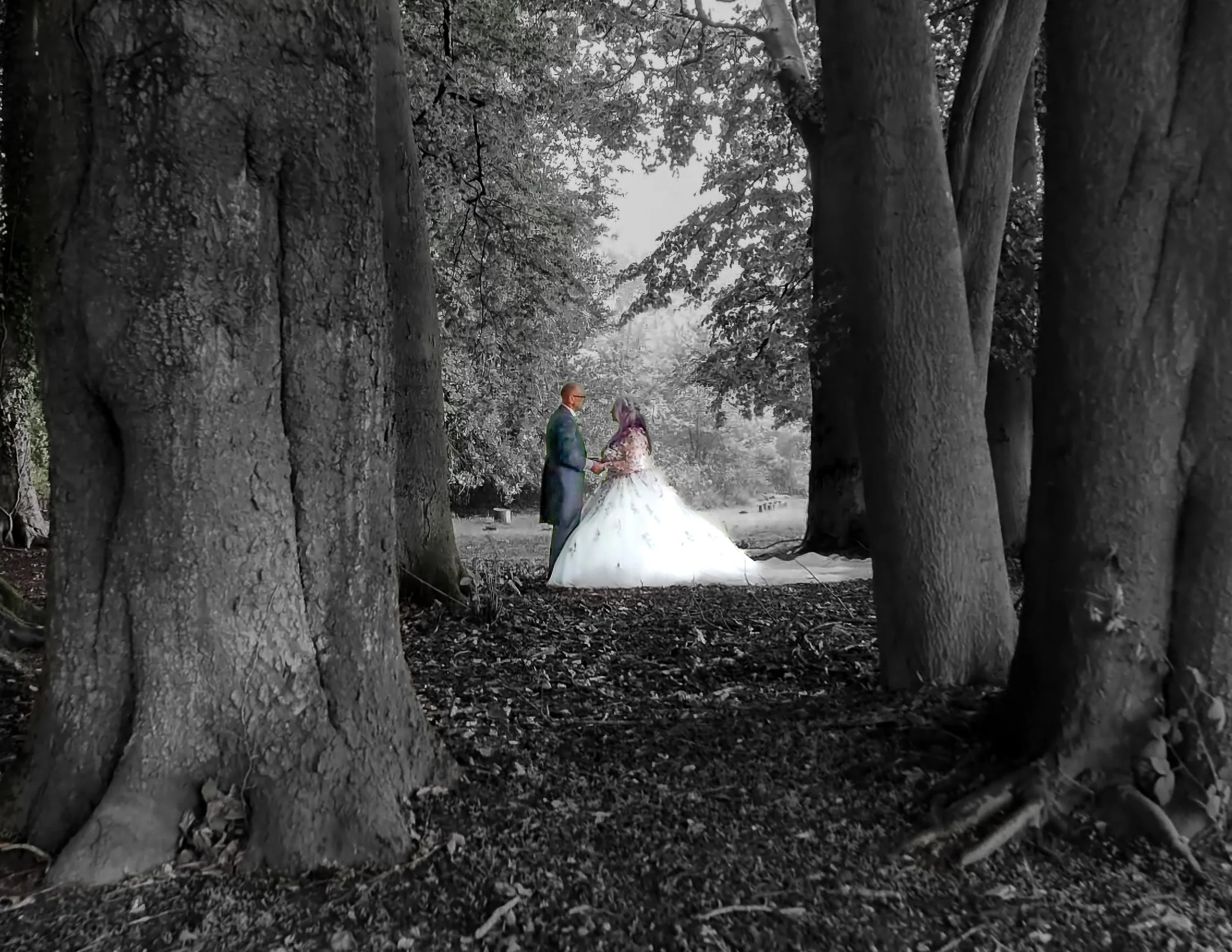 bride groom getting married in the woods outside, background is black and white but the couple are in colour.