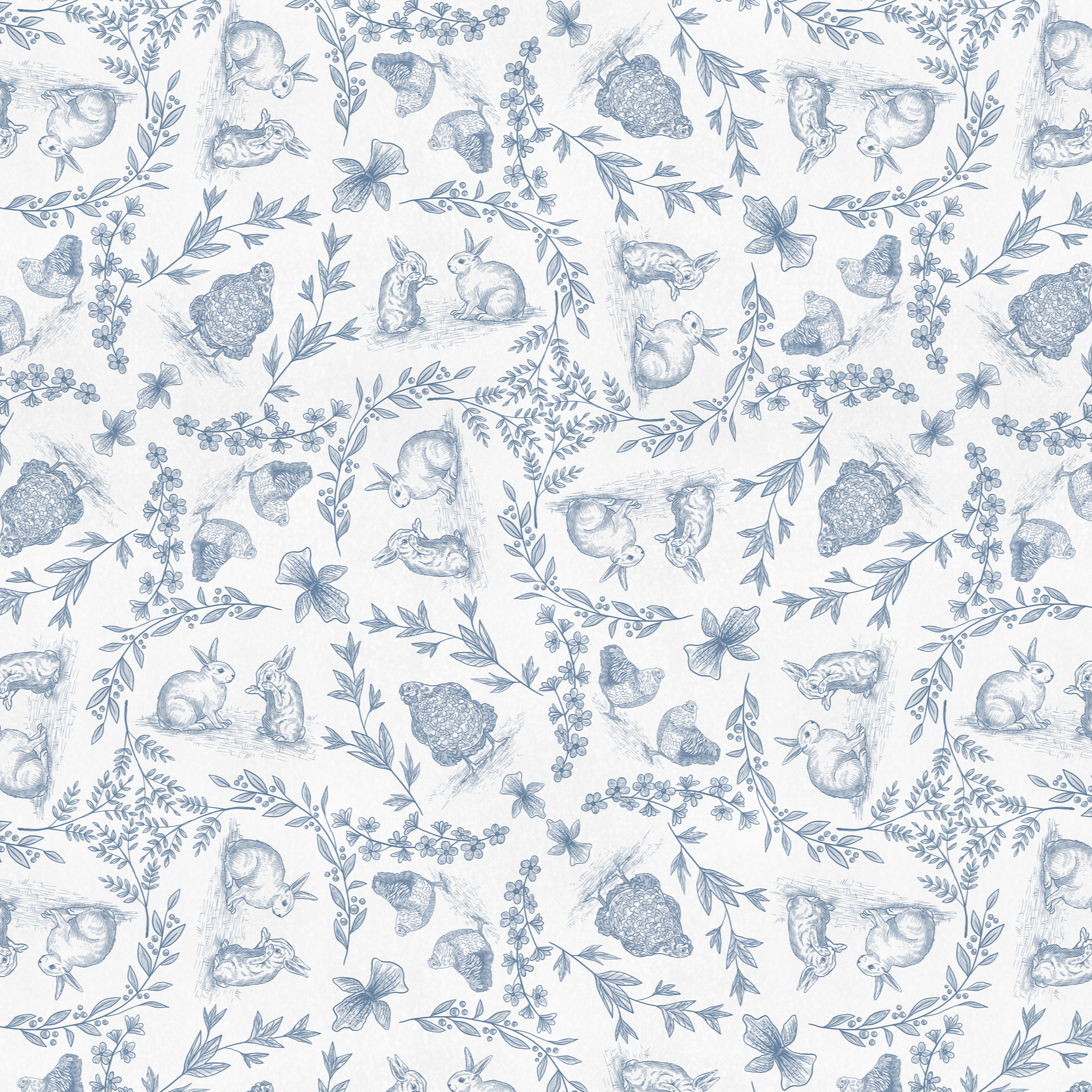 "Farmhouse Friends" - french blue toile featuring friendly creatures from quaint farm life. 