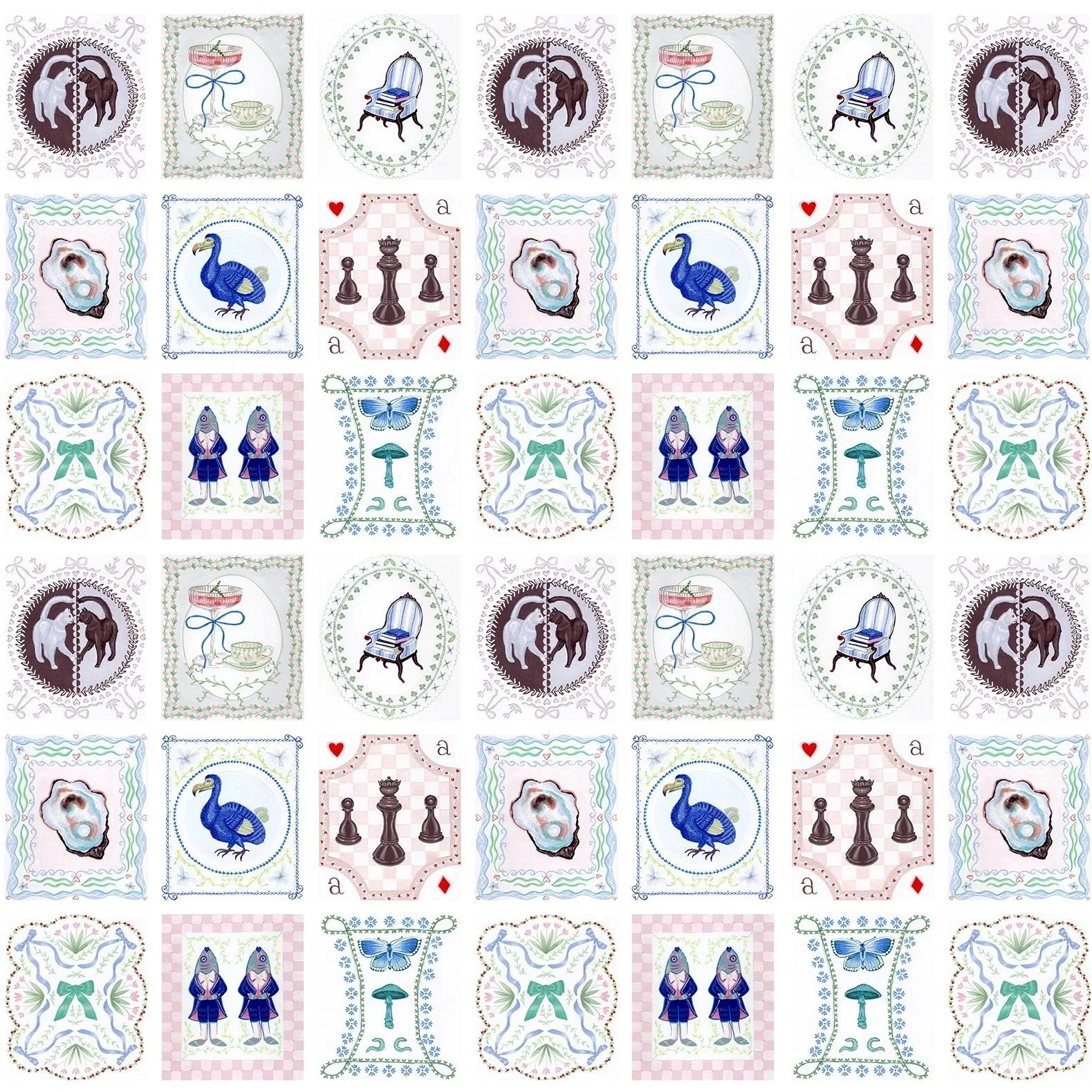 "Wonderful Curiosities" - created with Bond & Grace for their Alice in Wonderland art novel. Nine gouache illustrations in a patchwork pattern. 