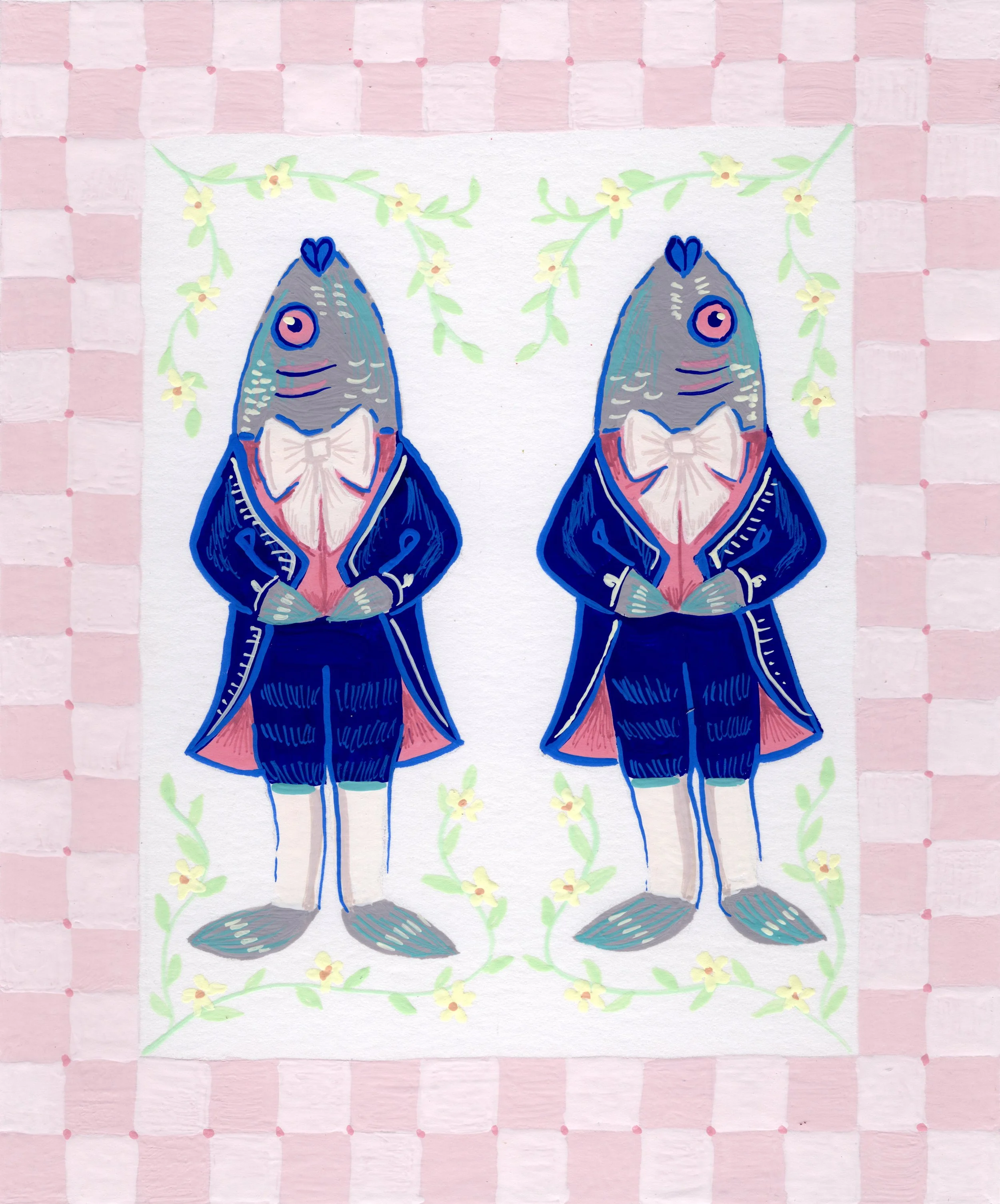 "Fish Footmen" from The Alice Collection - 5"x7", gouache