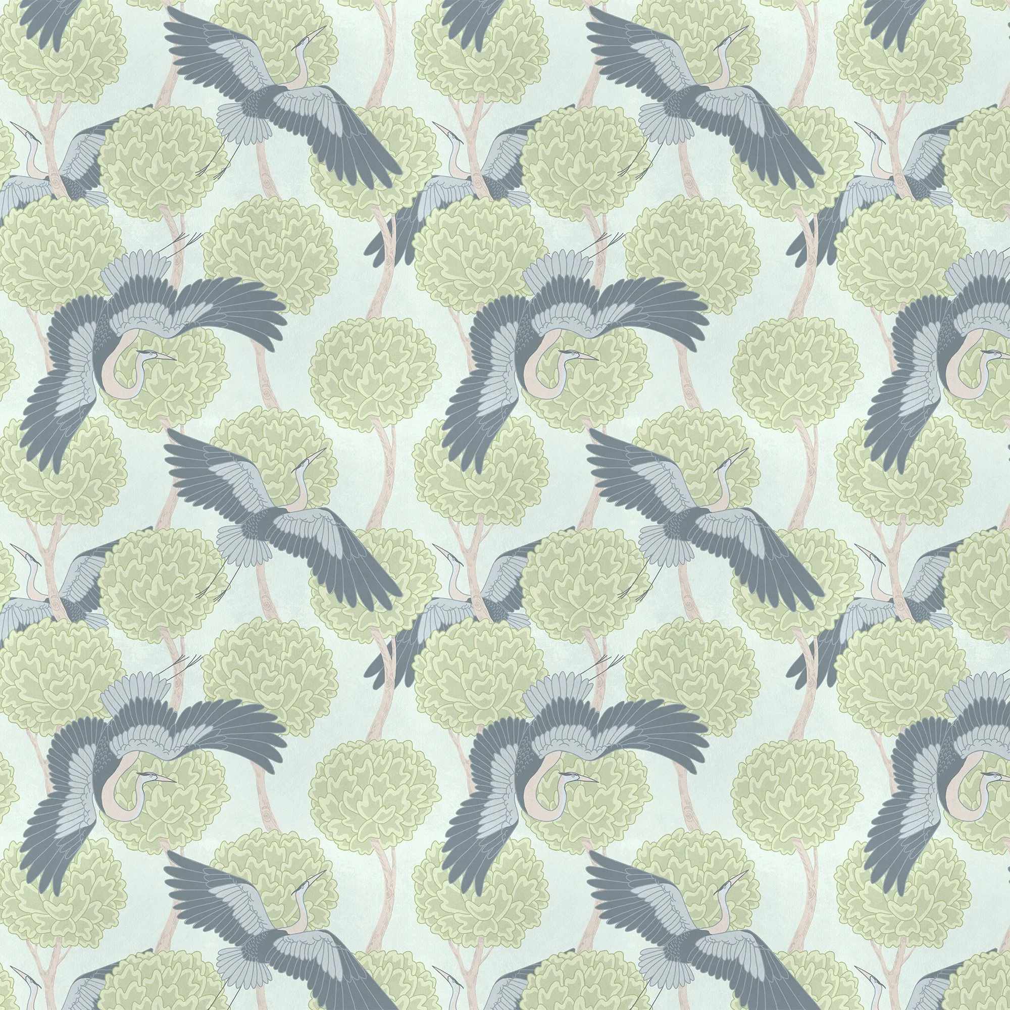 "Crane Flight" - elegant birds weave in and out of carefully cropped circular trees in a classic East Asian inspired design. 