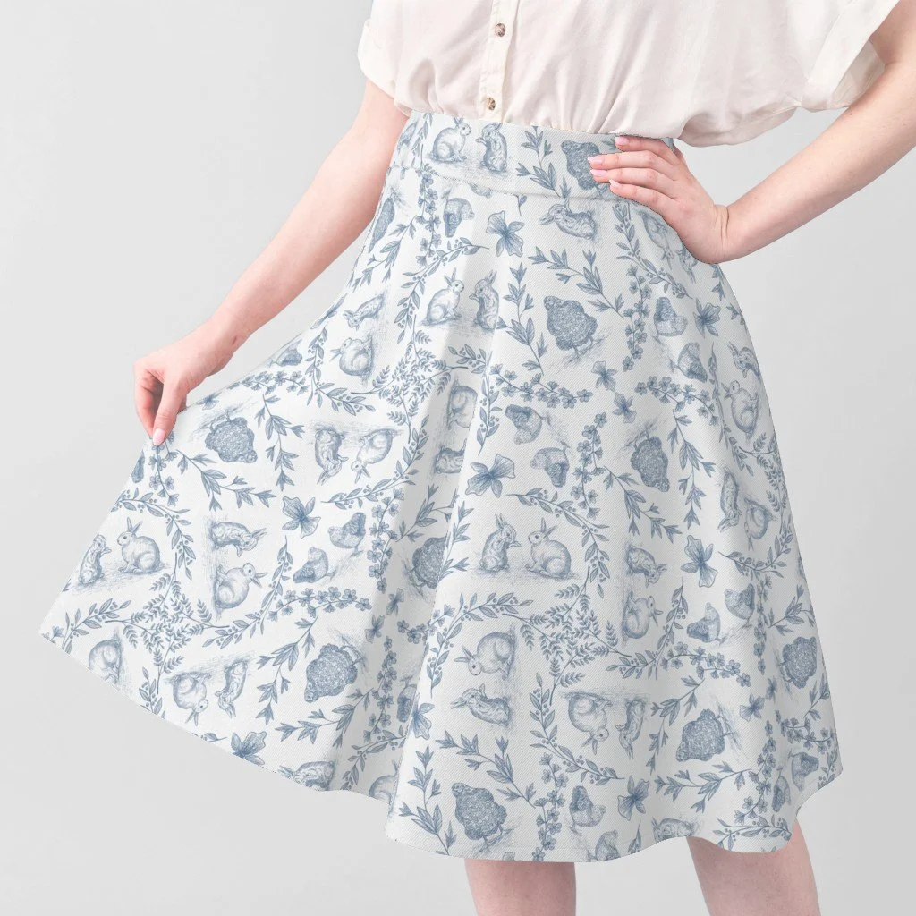 "Farmhouse Friends" - french blue toile featuring friendly creatures from quaint farm life. 