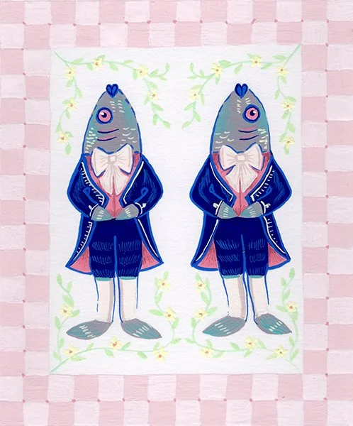 "Fish Footmen" from The Alice Collection - 5"x7", gouache