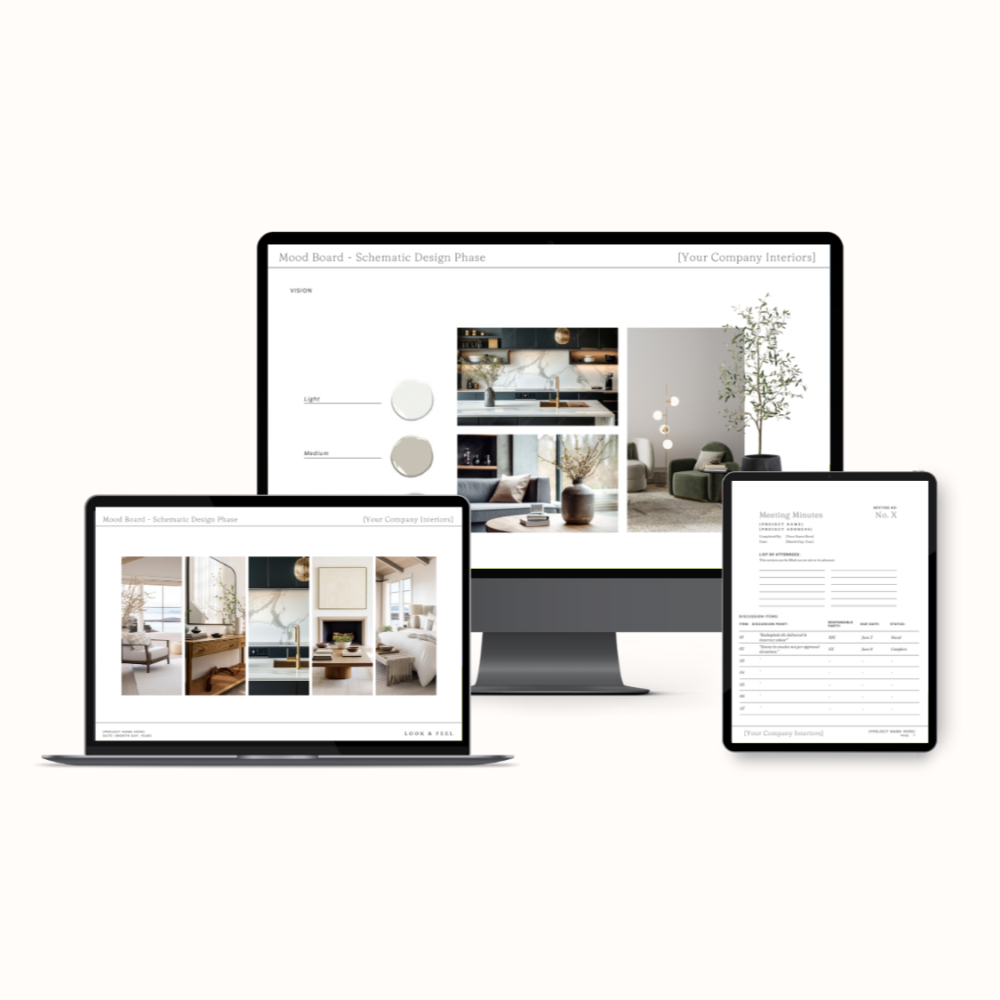 Digital devices displaying interior design mood boards and meeting notes, including a desktop monitor, a laptop, and a tablet.