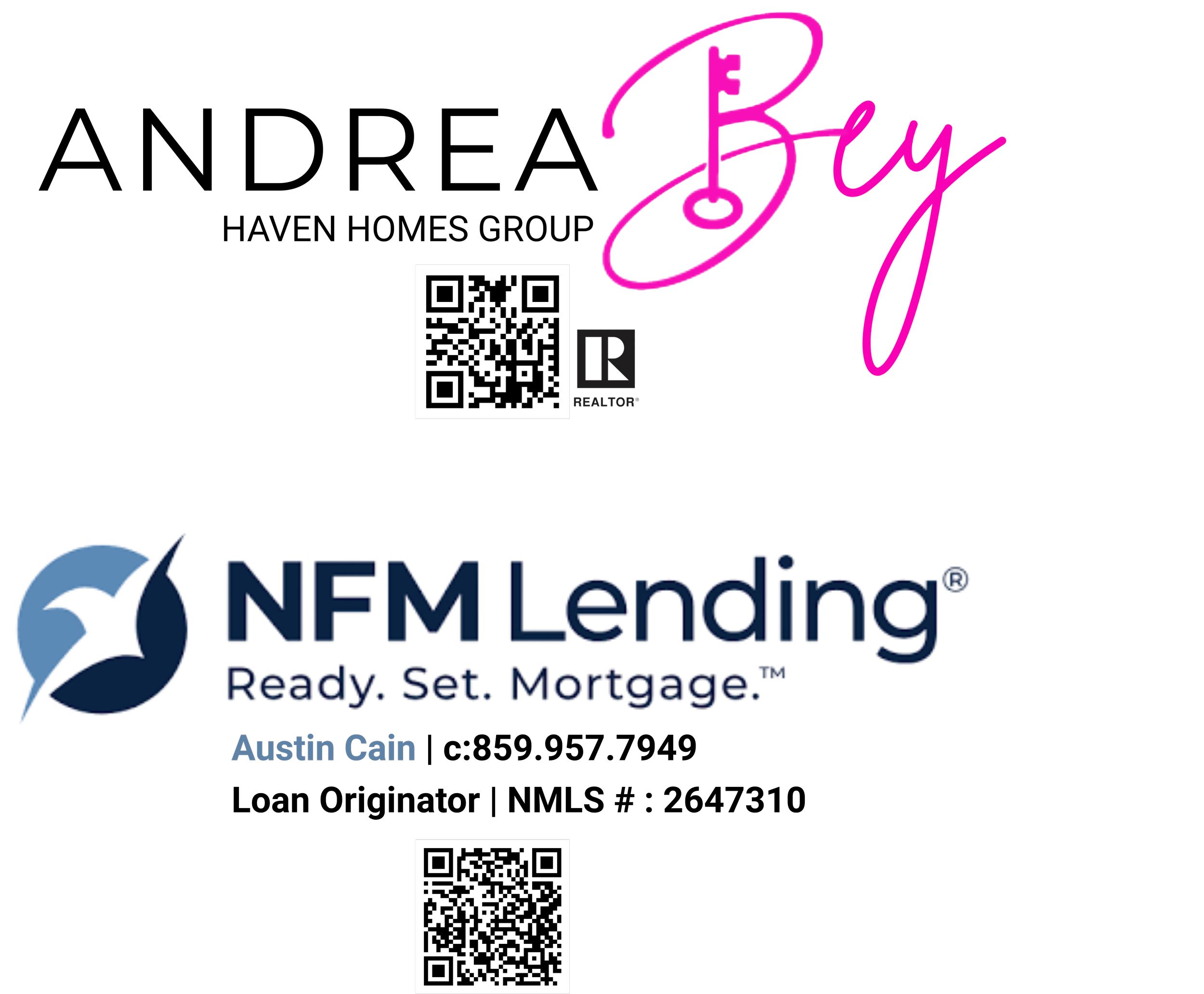 A business card featuring neon pink cursive text, a QR code, the NFM Lending logo, and the name Austin Cain, with the tagline "Ready. Set. Mortgage.".