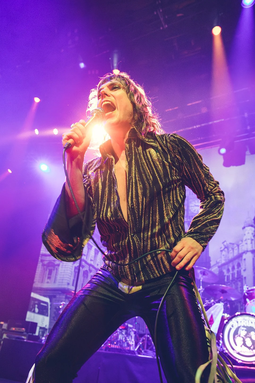 Rock singer performing energetically on stage, wearing a flashy striped shirt and holding a microphone with stage lights in the background.