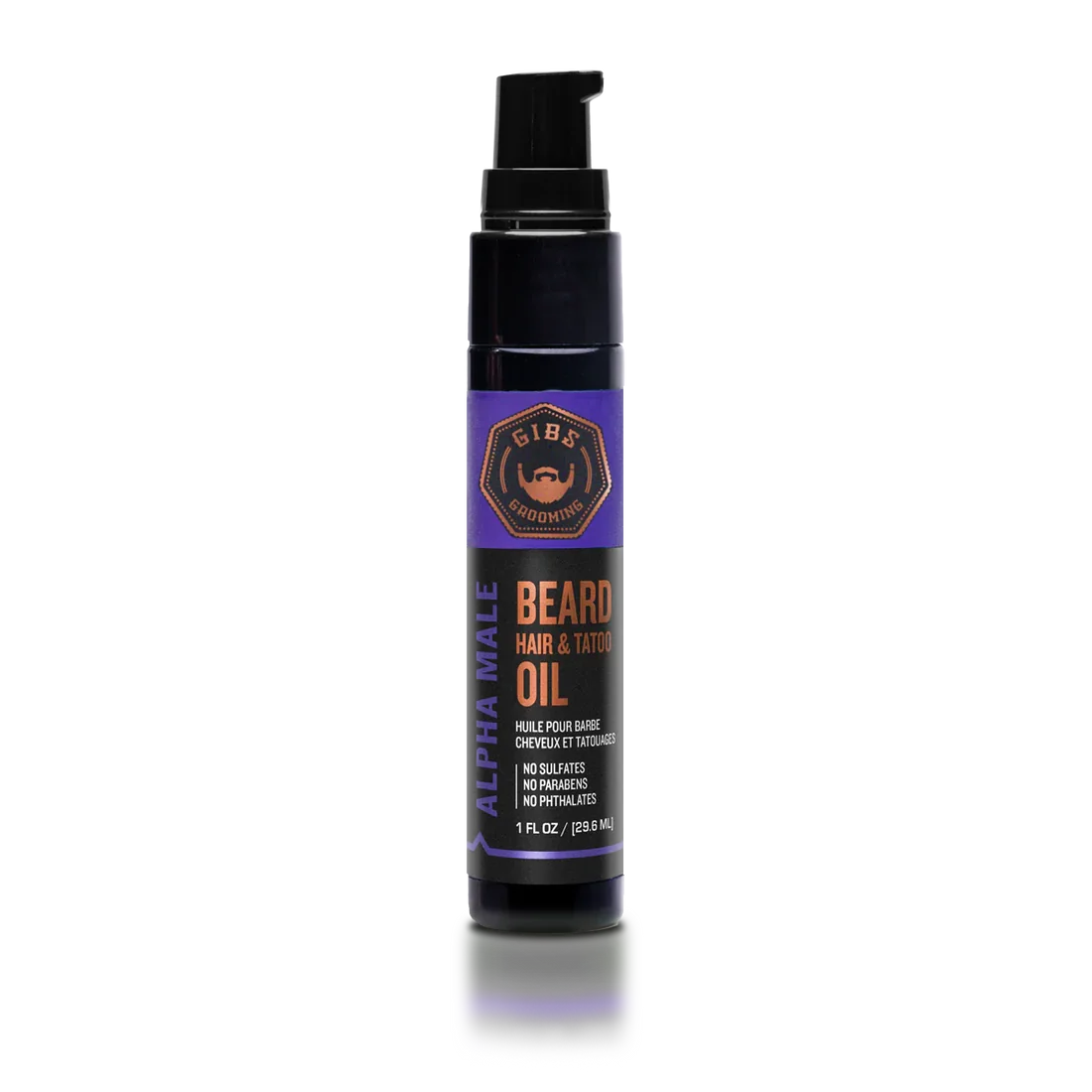 A black bottle of Alpha Male Beard Oil with a pump dispenser. The label is purple and black with orange text, stating 'Gibs Grooming' and 'Beard Hair & Tattoo Oil,' and mentions it is free from sulfates, parabens, and phthalates.