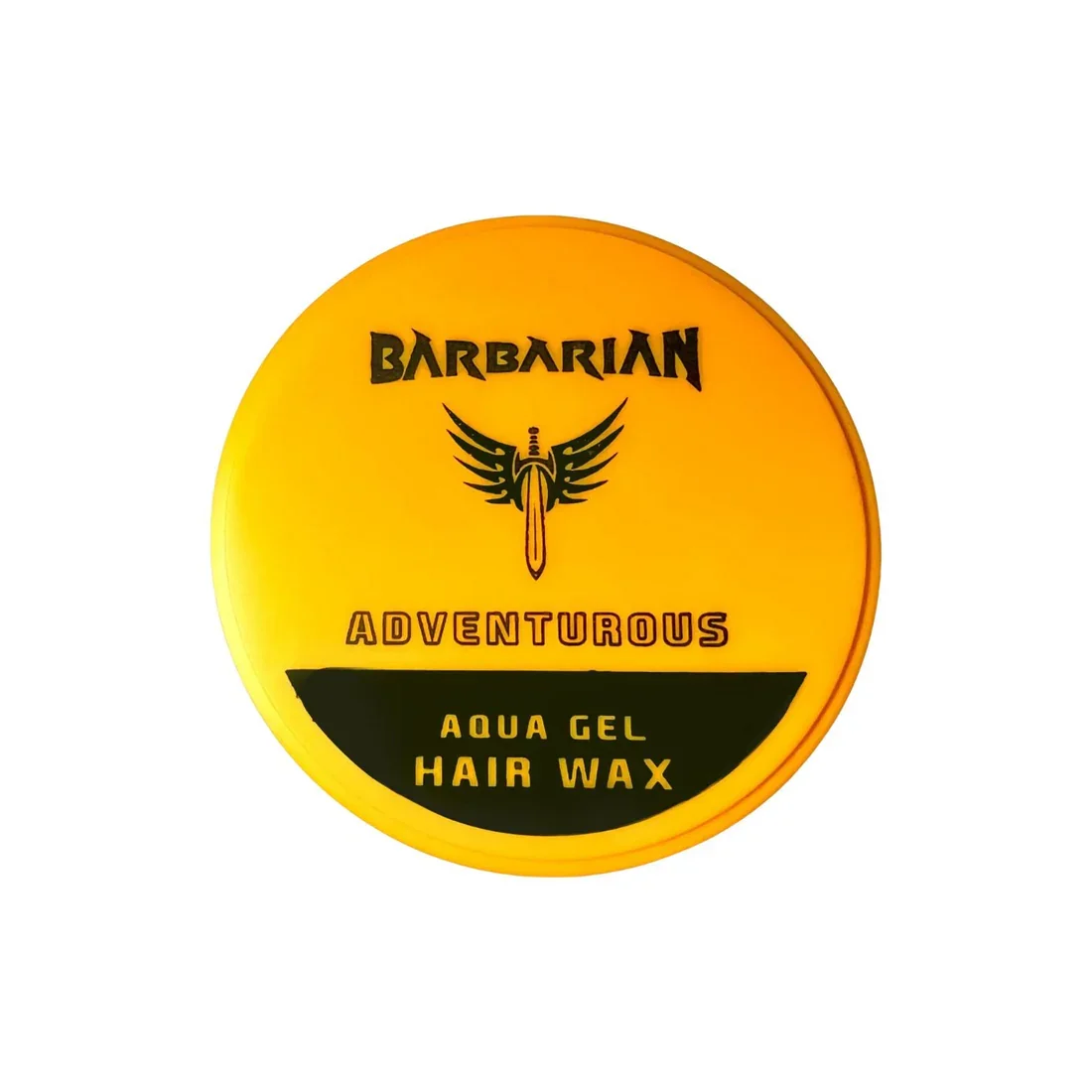 Yellow circular container labeled 'Barbarian Adventurous Aqua Gel Hair Wax' with a black and orange design, featuring a winged dagger logo.