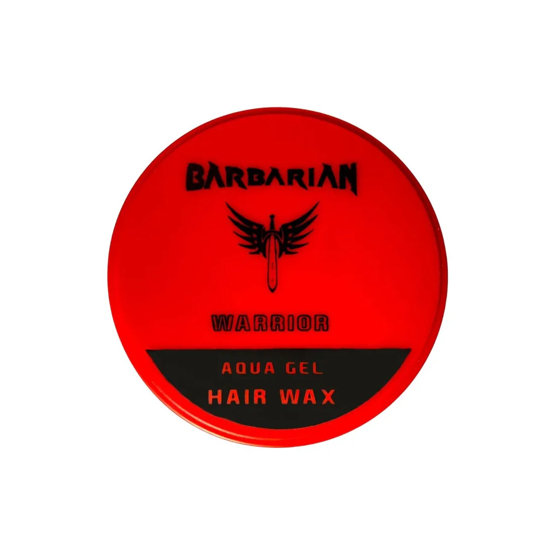 Red container of Barbarian Warrior aqua gel hair wax with black label and logo featuring a sword with wings.