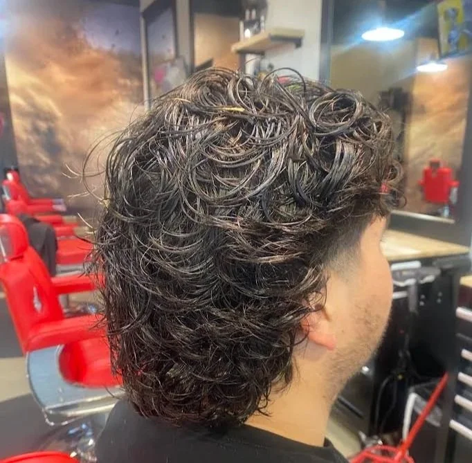 Rear view of a man with wet, curly, layered dark hair in a barber shop.