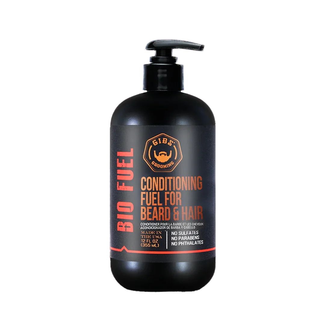 Black bottle of GIBS grooming Bio Fuel conditioning fuel for beard and hair with pump dispenser, featuring orange and red text on the label.