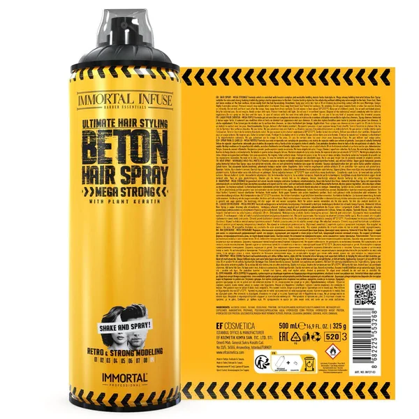 A can of Immortal Infuse Ultimate Hair Styling Beton Hair Spray next to its packaging box. The can is yellow with black text and a black cap, and the box is also yellow with detailed text and icons.