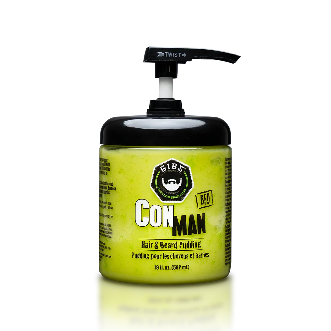 A jar of GIBS CON MAN Hair & Beard Pudding with a black pump dispenser on top, set against a black background. The label is yellow with black and white text, indicating it is a beard styling product.