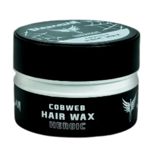 A jar of COBWEB HAIR WAX Heroic with a black lid and black label, featuring a white wing logo.