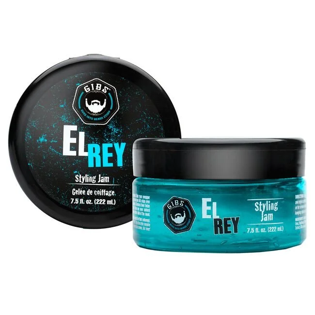 A jar and a lid of GIBS Elijah Styling Jam, a hair styling product, with black and blue packaging.